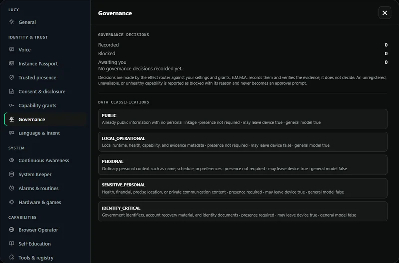 Lucy AIOS governance settings: E.M.M.A. governance decision counts (none recorded on a fresh runtime) and the five data classifications from Public to Identity-critical