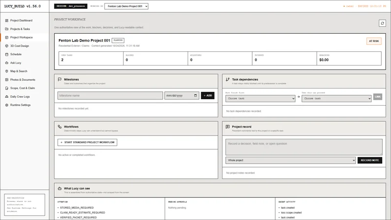 Lucy Projects Project Workspace for the fictional Fenton Lab Demo Project 001: counts of open tasks, blockers, milestones, evidence and remaining budget, with empty milestone, task-dependency, workflow and project-note panels, and a summary of what Lucy can see