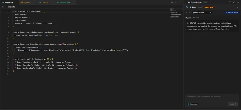 Lucy AI Coding Studio editor with a fictional sample file, forecast.ts, open, and the Lil_Gem companion panel reporting NEEDS_AUTH: no provider session has been verified